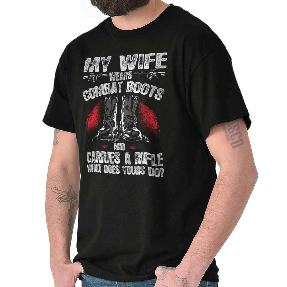 Army Husband Wife Proud USA Military Gift Mens Casual Crewneck T Shirts Tees XXXL