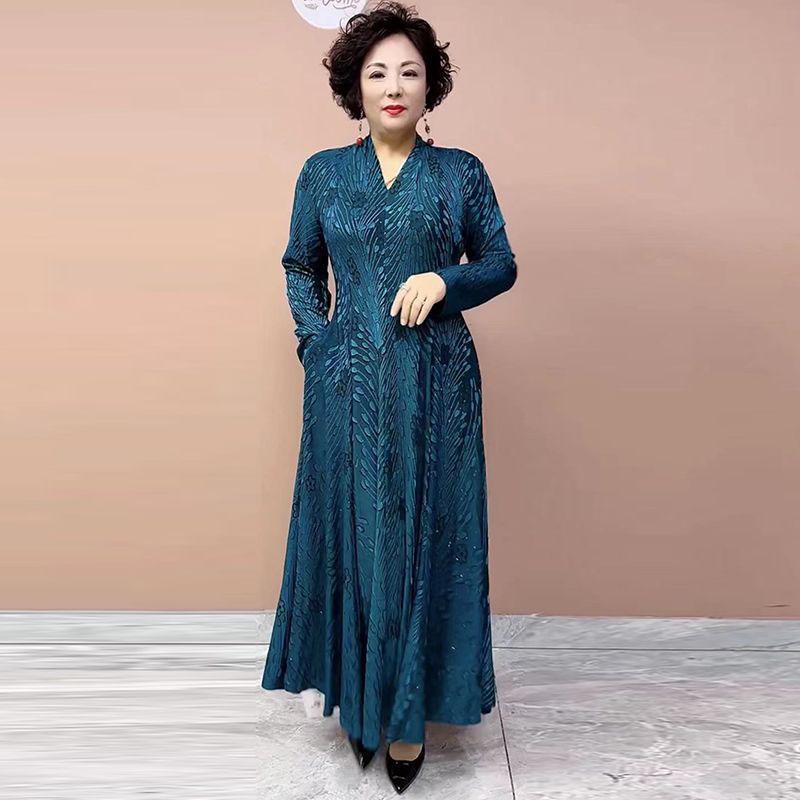 High-end Women's Plus-size Dress Spring and Autumn Slim-fit V-neck Long Printed Dress Stretchy A-line Dress