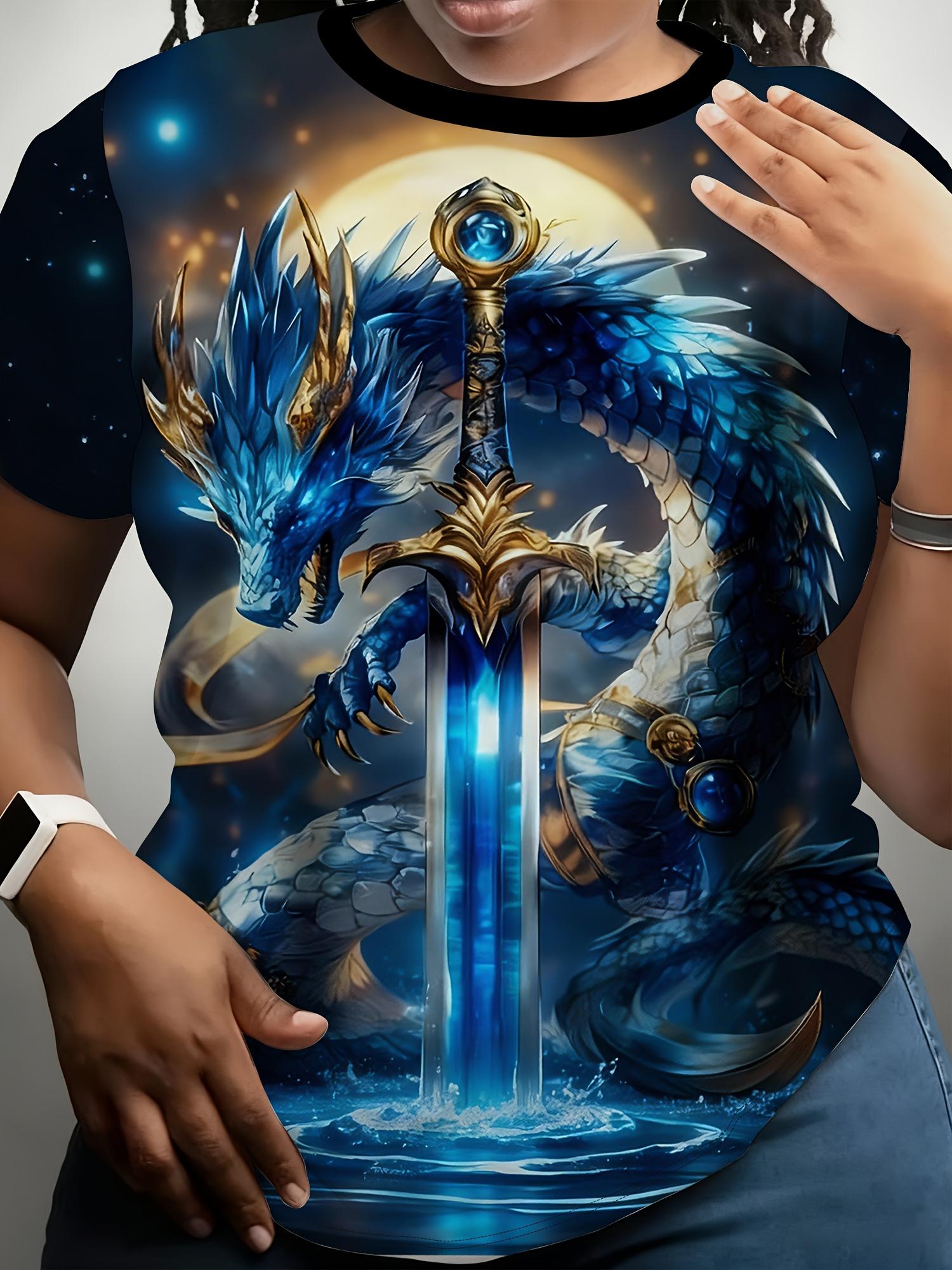 Men s Plus Size Blue Dragon Holy Sword Print T-Shirt 2XL