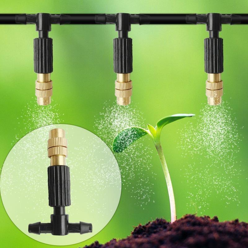 10Pcs Adjustable Copper Misting Nozzle with 4/7mm Plastic Tee Connector Brass Watering Irrigation Sprinkler Cooling Nozzle