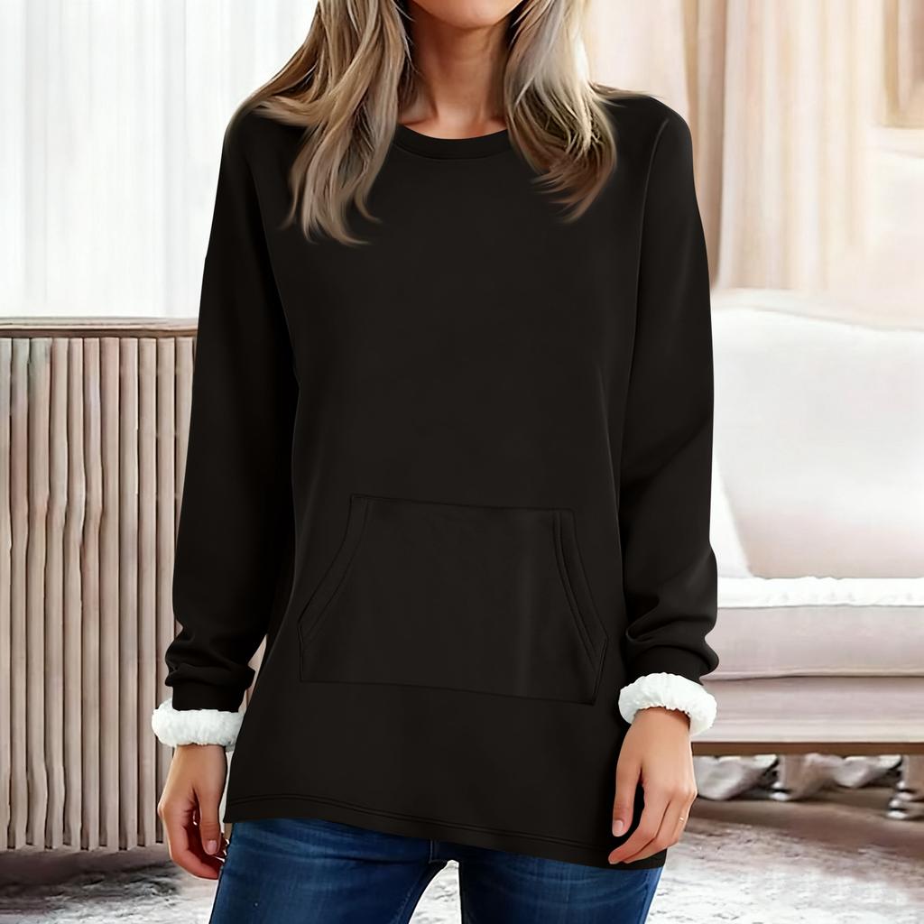 Madingas moteriškas vienspalvis apvalios apykaklės ilgomis rankovėmis pliušinis šiltas megztukas