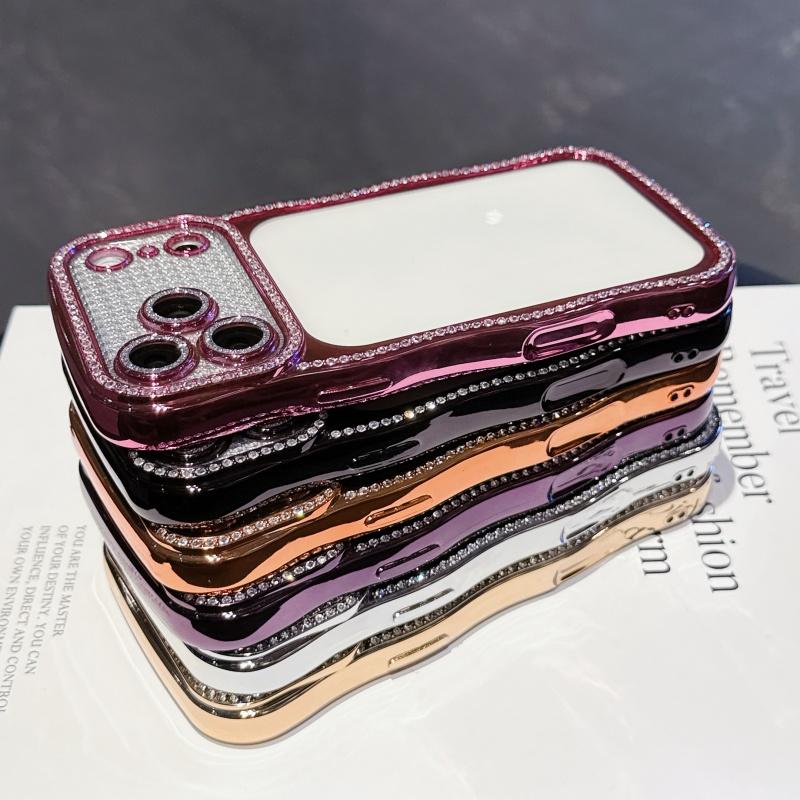 KEYSION Plating Transparent Wavy Rhinestone Phone Case for iPhone 13 14 15 16 17 Pro Max Air 16 Plus Lens Protector Shockproof Cover