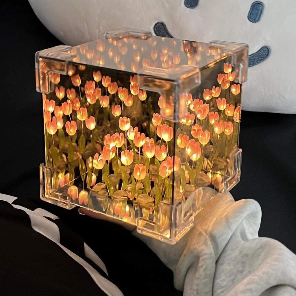 Blossom Box, Tulips Luminous Garden, Handmade DIY Magic Cube Tulips Flower Night Light Tulips Mirror Lamp Creative Gifts for Girl Women Friends