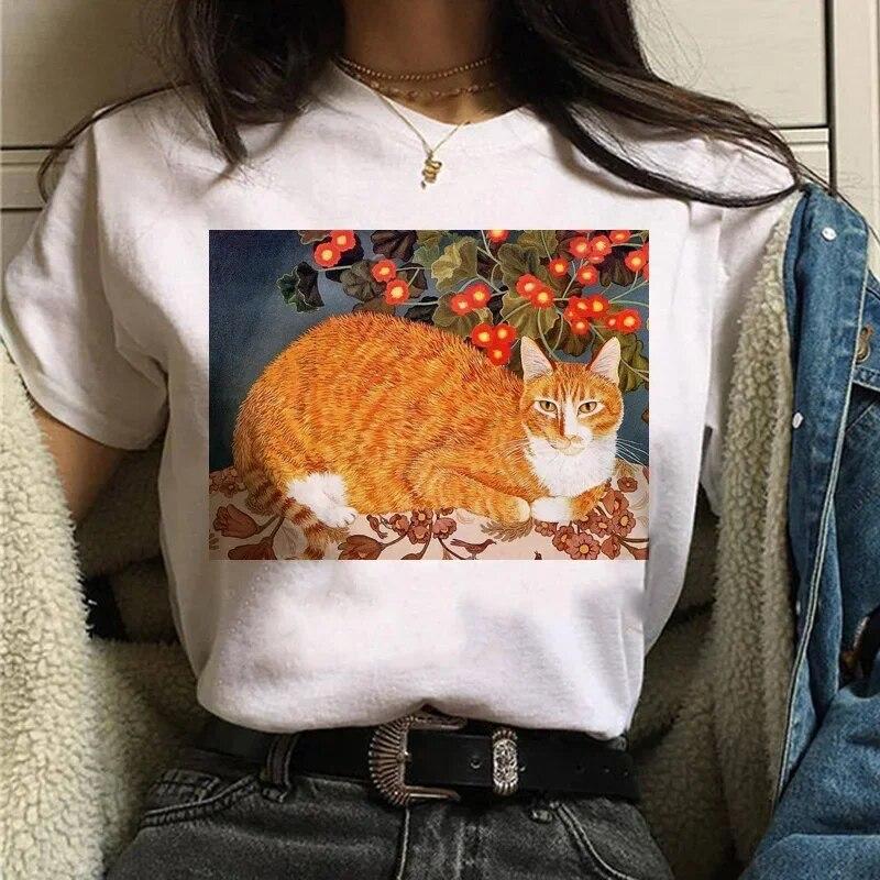 Camiseta Gato Van Gogh woUnisex estampado artístico pintura al óleo hermosa linda divertida camiseta dibujos animados años 90 ulzzang top casual camiseta mujer