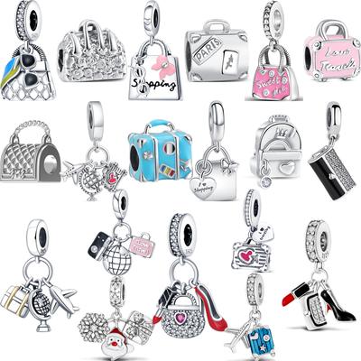 Argento Massiccio 925 Borsa Shopping Portatile Custodia da Viaggio Serie Ciondoli Perline Adatte Braccialetto Charms Gioielli di Lusso