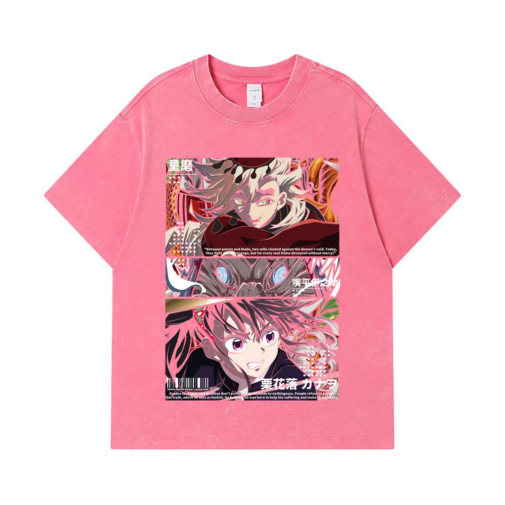 275 GSM Washed T-shirts 100% Cotton Demon Slayer V30 Kanao x Doma Black Print Unisex Heavy Cotton T Shirt