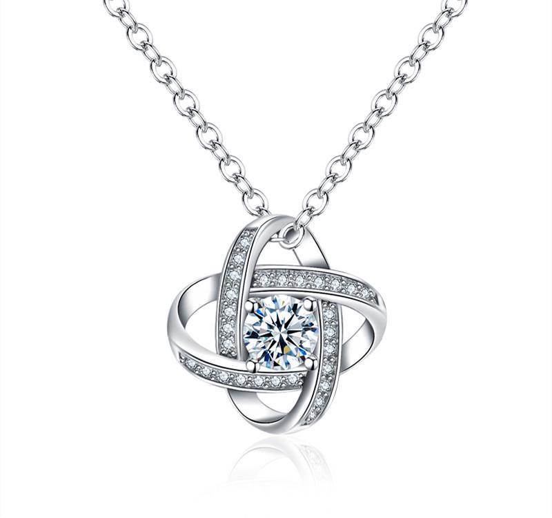 Four-Leaf Clover Diamond Pendant Necklace with Zirconia and O-Chain, White Gold Plated Clavicle Chain