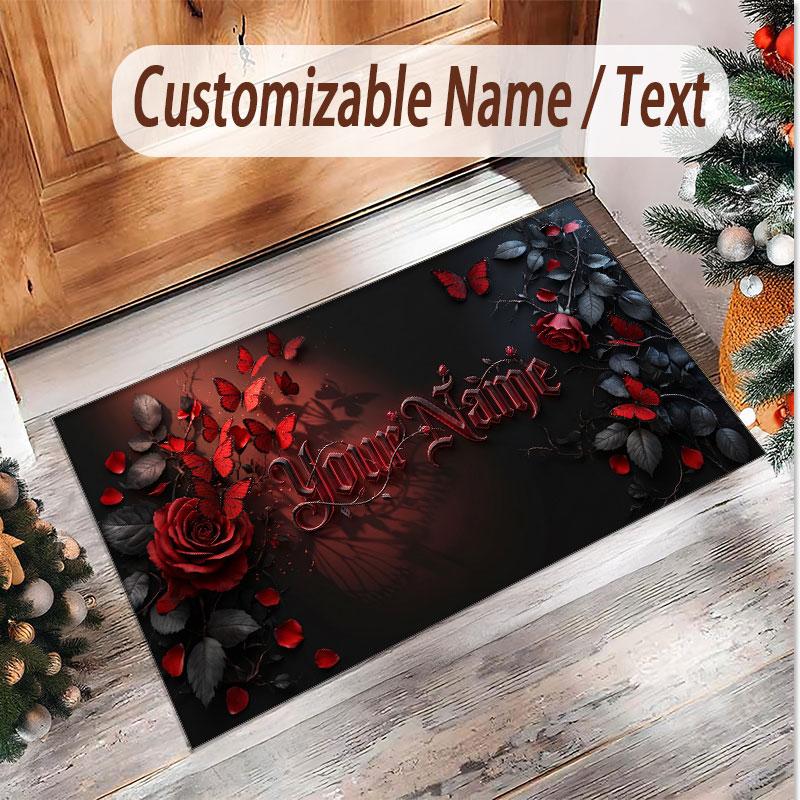 Rose Floral Theme Soft Crystal Velvet Rug Custom Name & Text Print Non Slip Floor Rug for Bedroom Living Room