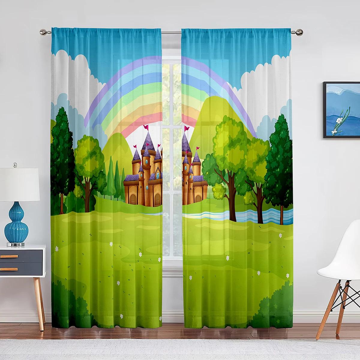 

Розовый сказочный замок в облаках, прозрачные шторы для гостиной, шторы для детской спальни для девочек, оконные шторы, декор 2 шт. (W50H130cm)-2pcs&Grommet Top