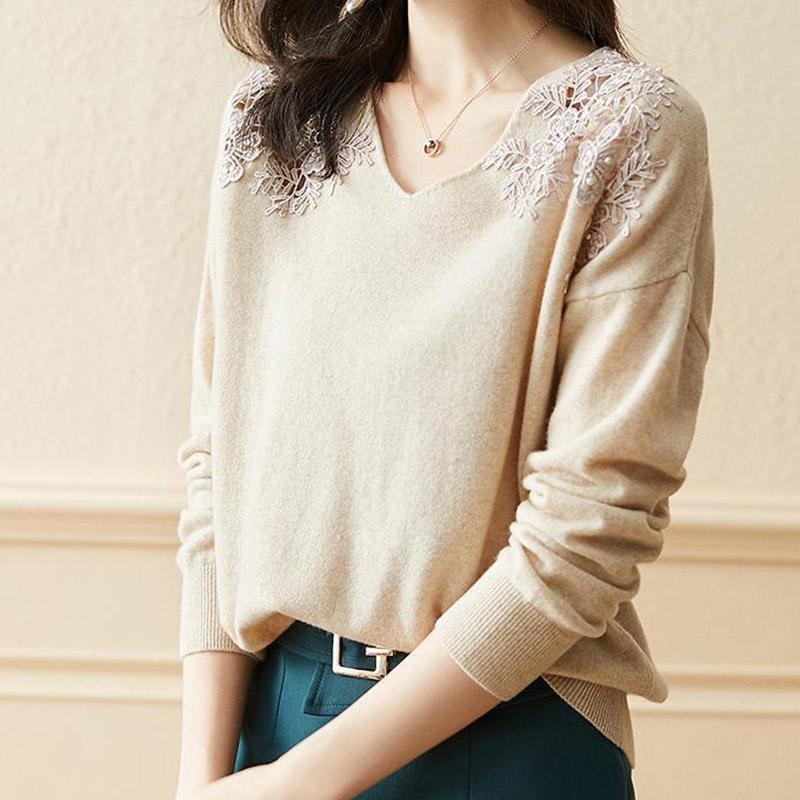 Sweater for Women Pullover Long Sleeve V-neck  Autumn Winter Warm Slim Thickened Lace Tops