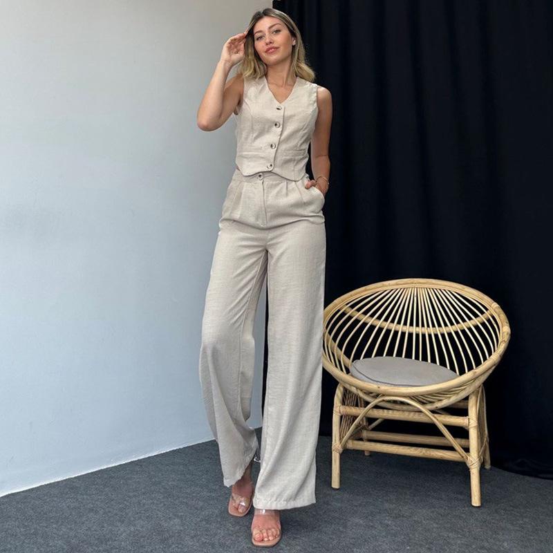 

YYFS Женская мода Повседневная Летняя Весна Однотонные принты Без рукавов V-образный вырез Блузки и рубашки Брюки Костюмы S абрикосовый