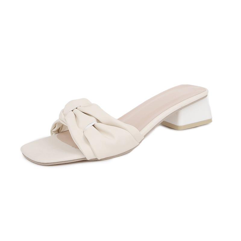 Thick heel square head pleated cool slippers women's summer new one-character slippers