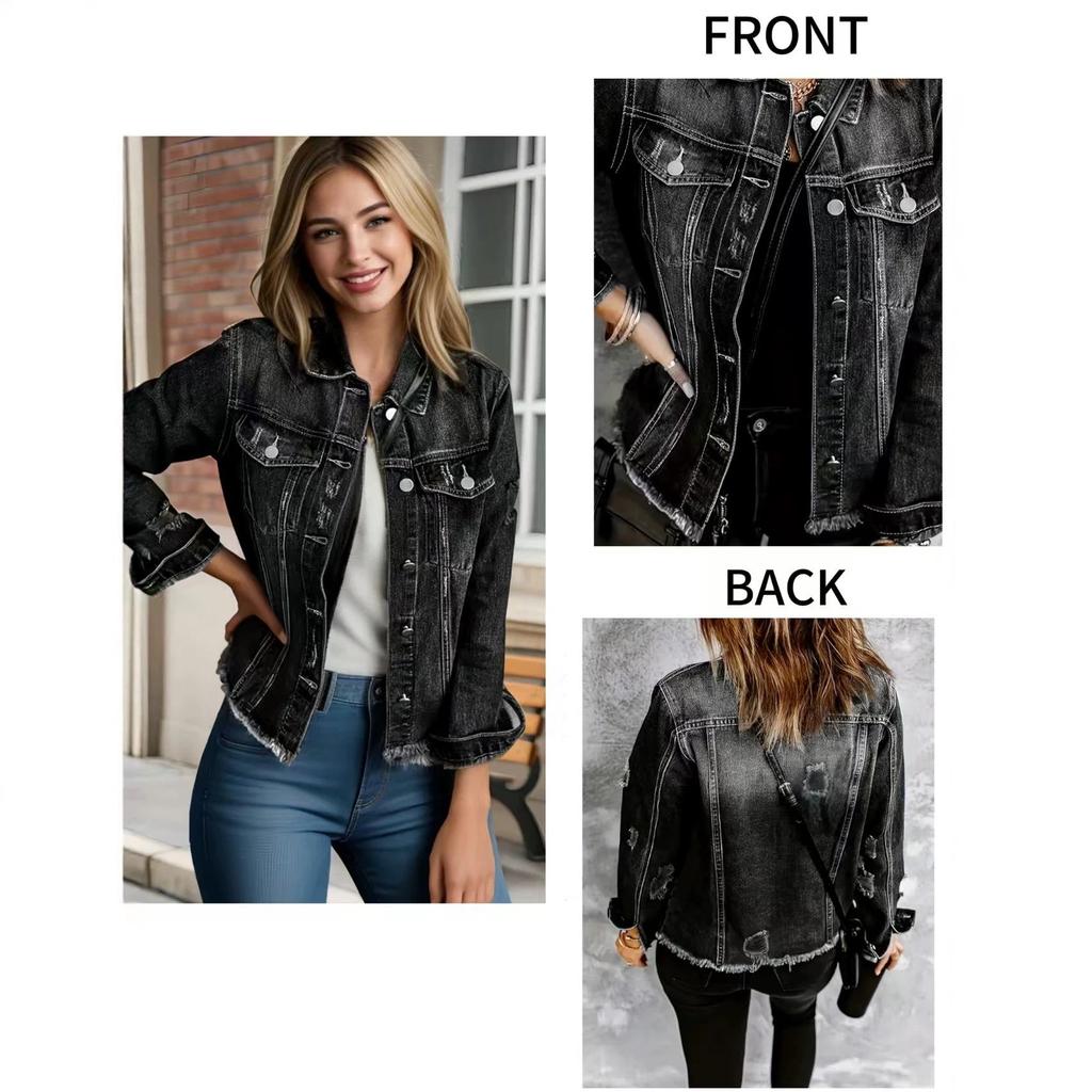 Smoke Gray Long Sleeve Women's Denim Jacket with Ripped Gray-White Frayed Hem