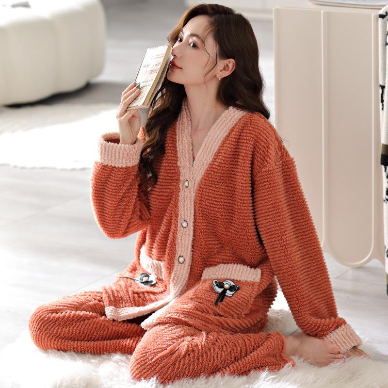 Pajamas Women'S Winter Coral Fleece Thickened Fleece Autumn And Winter Flannel Large Size Loungewear Set