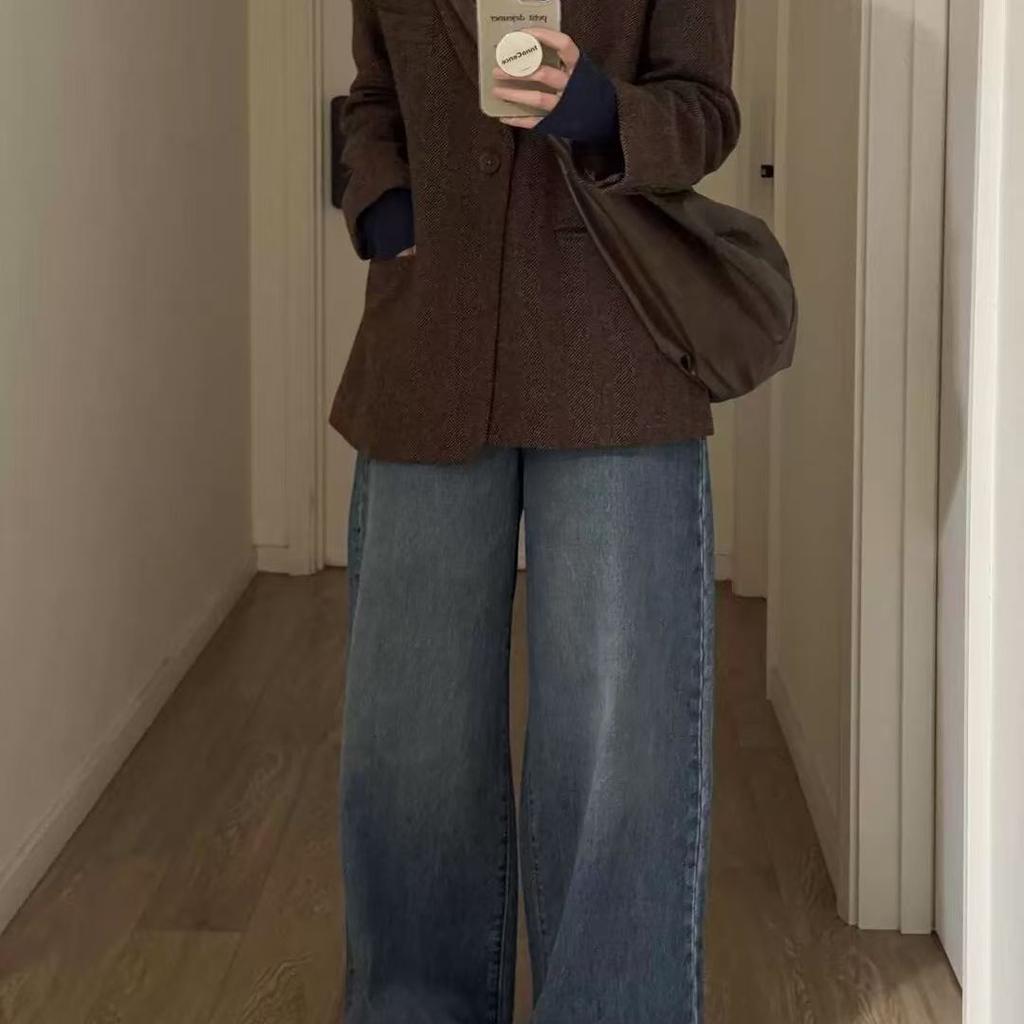 Korean Style Petite Wool Blazer Coat Elegant Herringbone Autumn Winter Jacket for Women