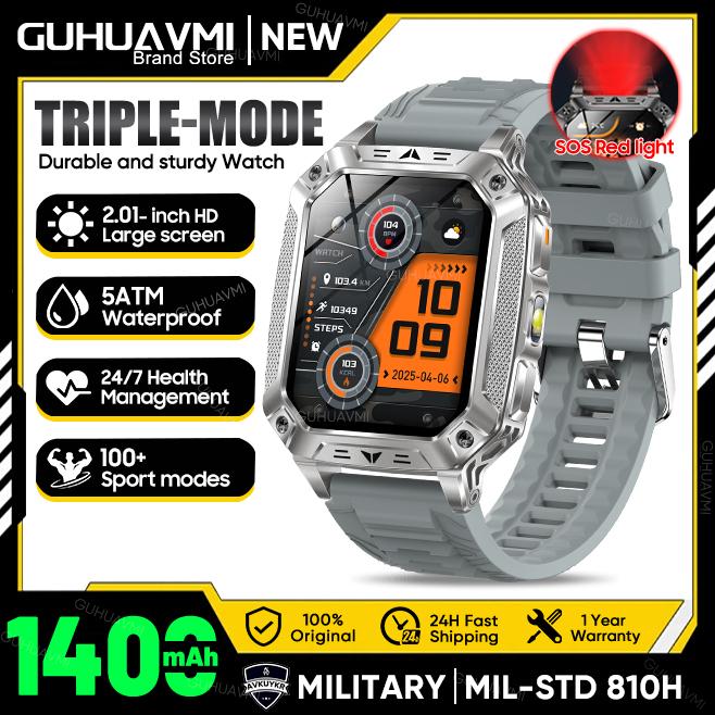 

New Outdoors Durable Military Men Smart Watch 1400mAh battery 5ATM Swim LED flashlight+SOS Red Light Sports Call Smartwatch Military Quality сірий