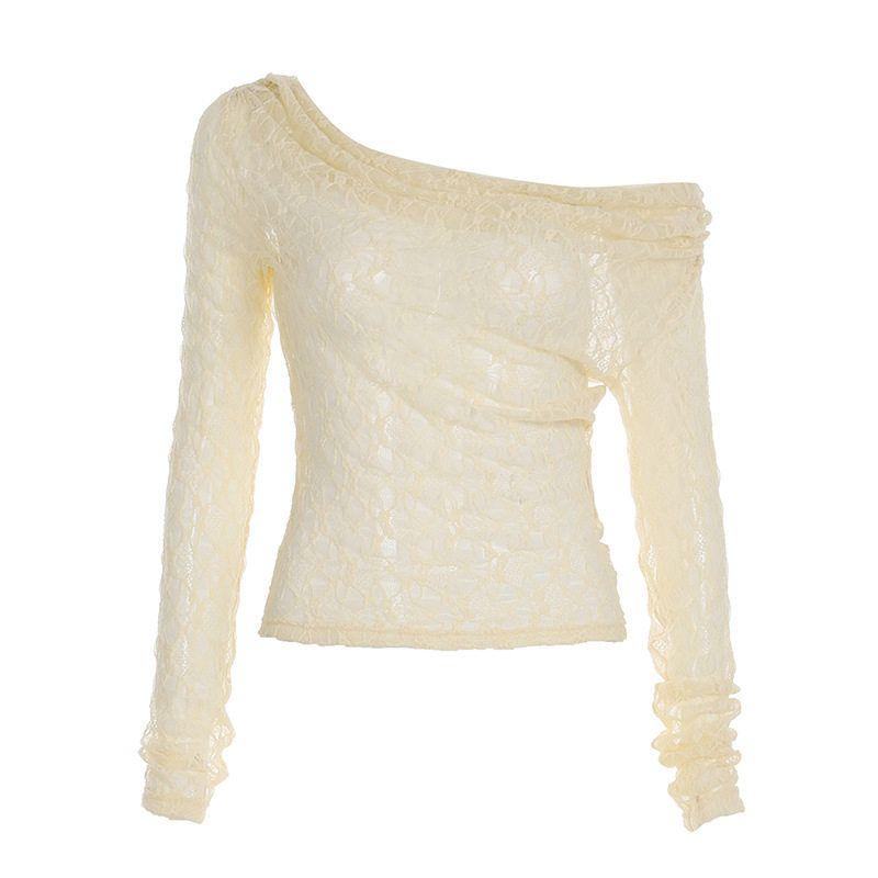 

Purely Sexy Lace One-Shoulder Long-Sleeve Crop Top Slim-Fit T-Shirt Versatile Solid Color Base Shirt White S