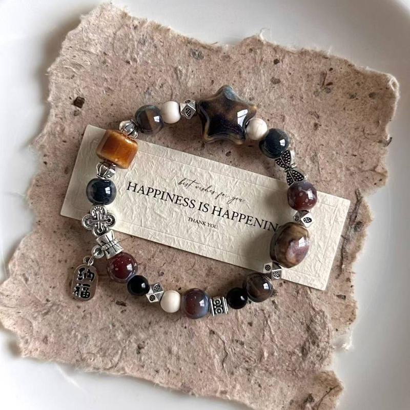 Boho Keramik Perlen Armband für Damen Zartrosa Rund mit Marmor Quadratischen Perlen, Elastisches Dehnbares Design für den Alltag & Geschenk