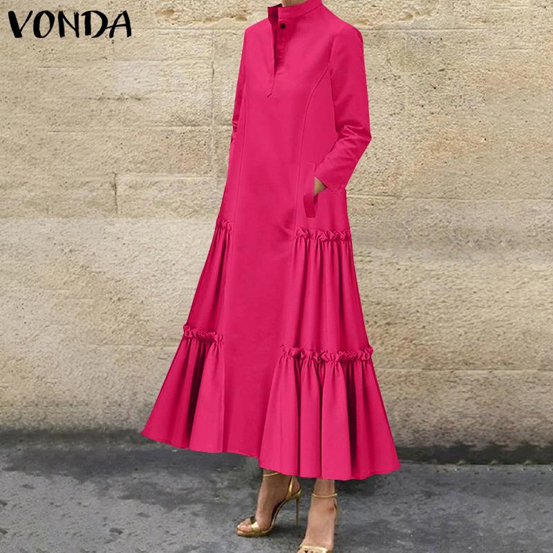 VONDA Kvinner Mote Stand Krage Langermet Ensfarget Ruffle Hem skjortekjoler