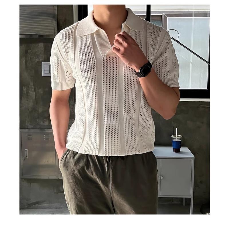 Men S Knitted Polo Shirt Short Sleeve Hollow Out Ice Silk Summer Old Money Style