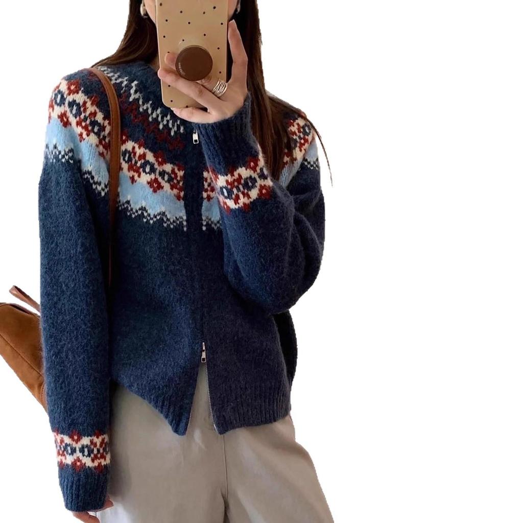 Women's Retro Fair Isle Knit Zipper Cardigan