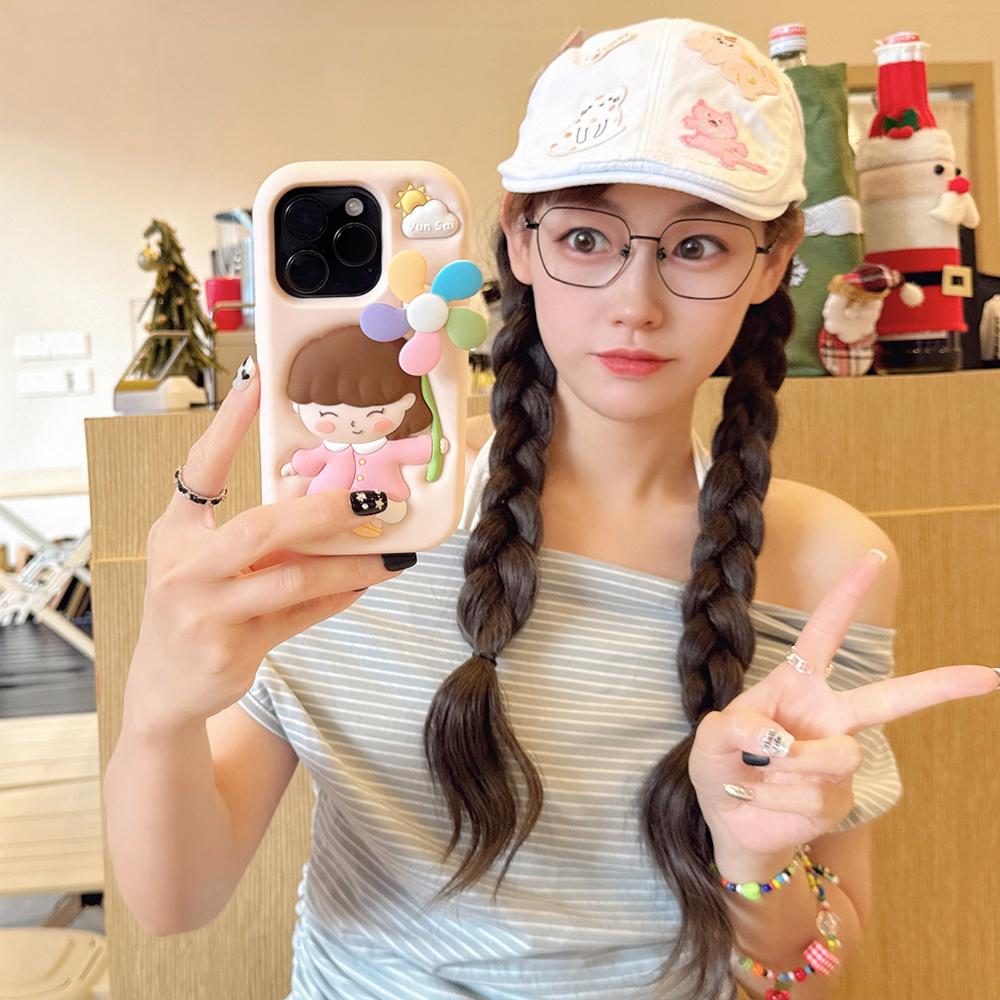 Cute 3D Cartoon Windmill Girl Shockproof Back Cover Funny Soft Silicone Phone Case For iPhone 16 15 14 13 12 Pro Max Capas