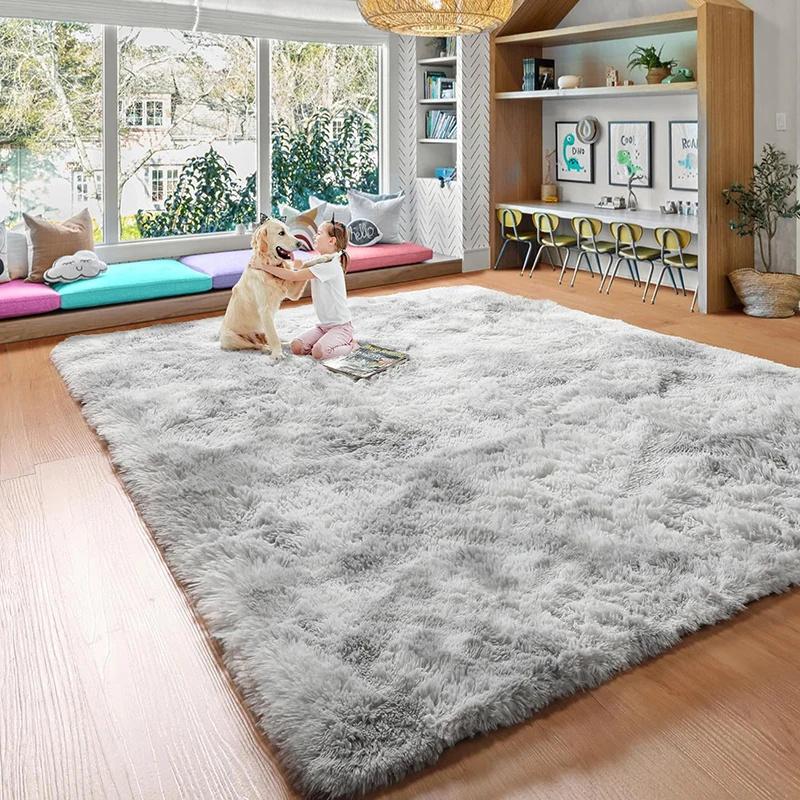 Soft Fluffy Plush Tie-Dye Carpet Gradient Long Fine Hairs Fabric Bedside Mat Rug For Girl's Bedroom Non-Slip Mat Home Decor
