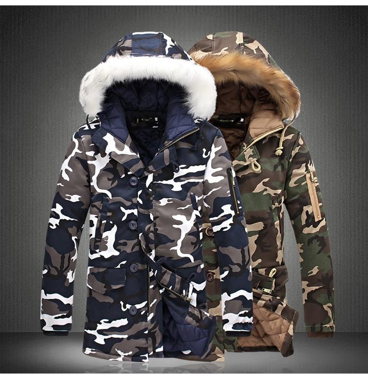 Camouflage Parka Pánská zimní bunda Pánská Velký kožešinový límec Módní Středně dlouhé kabáty Zimní kabát větší velikosti Pánská Parka Homme 5XL
