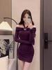 Elegant Purple One-Shoulder Long-Sleeve Bodycon Dress with Bow Accents.