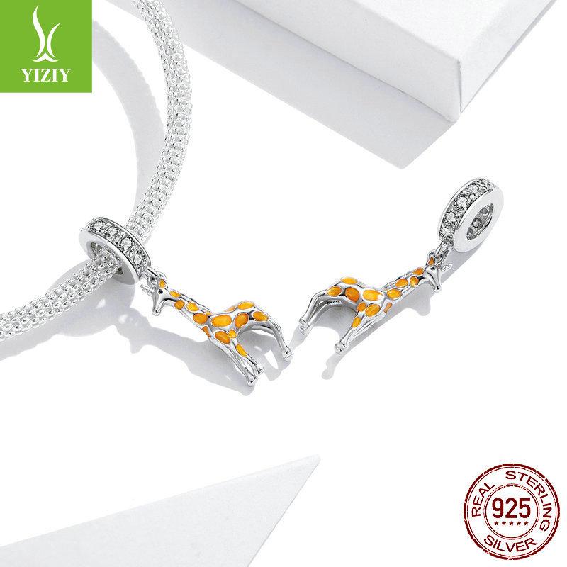 Oil-Dripping Spotted Giraffe Handmade Diy Pendant, Cute Animal S925 Silver Bracelet Beaded.