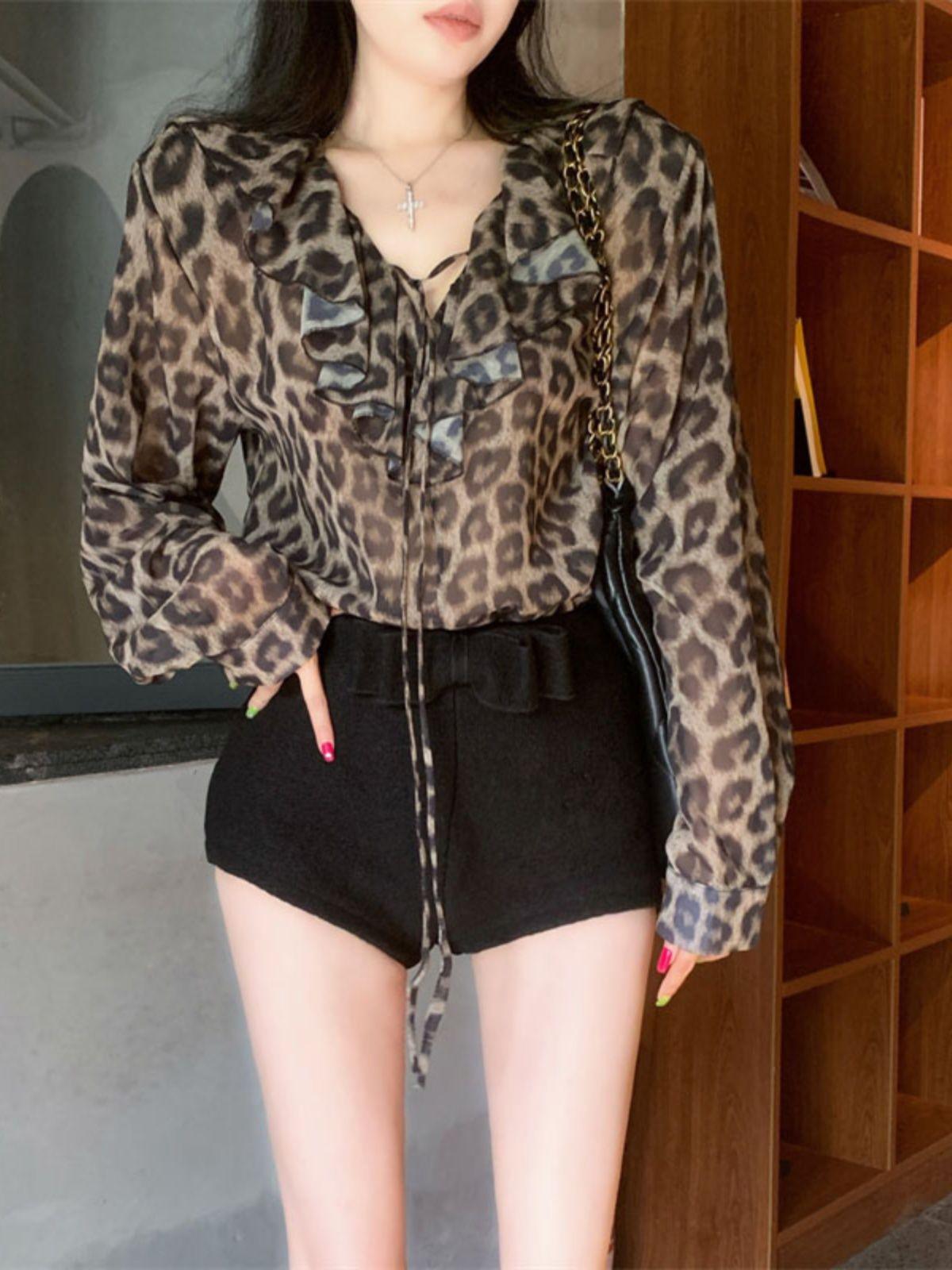 

Женская рубашка с длинным рукавом в стиле ретро Гонконг с леопардовым принтом, оборками и завязками, на весну/лето XL