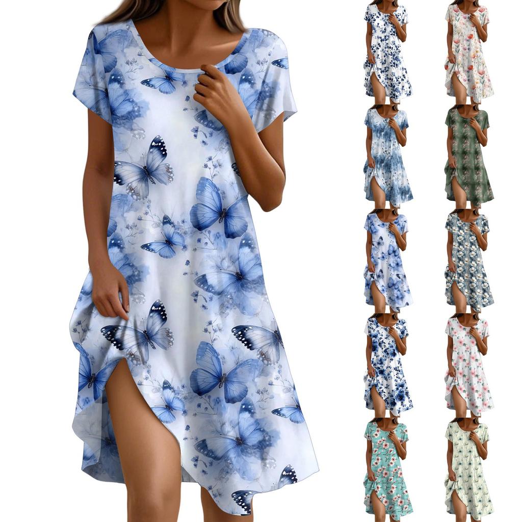 Short Sleeve Boho Dress For Women Casual Loose Fit Summer Sundress Floral Print Dress With Pockets