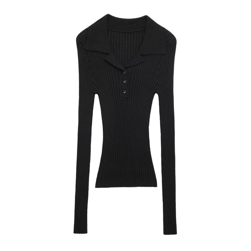 Kaslead New Arrival Women's Fashion Style Simple Lapel Long Sleeves Rib Knitting Polo Shirt 3471110