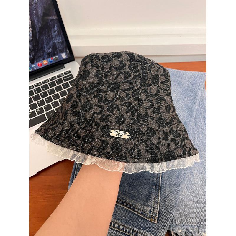 New lace print denim fisherman hat children's sunshade sunscreen basin hat sweet and cute bucket hat
