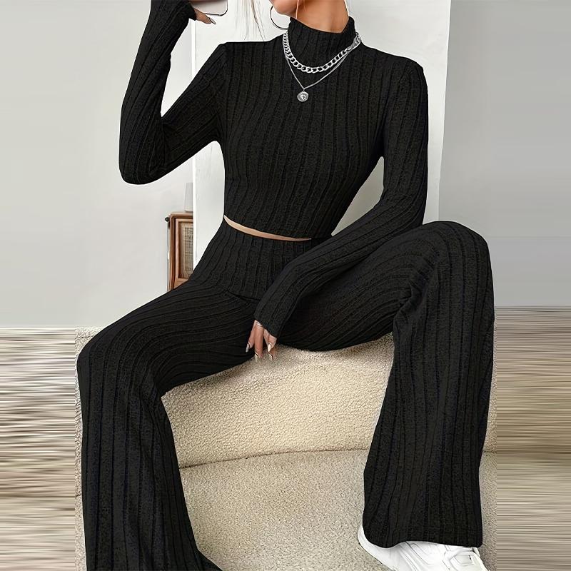 Women's Knitted Pullover Pants Two Pieces Set Slim Long Sleeved Mock Neck Top High Waist Wide Leg Pant Outfits