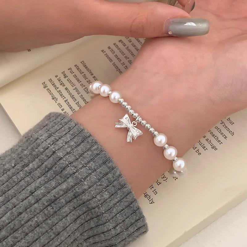 S925 Sterling Silver Bow Imitation Shijia Pearl Fashion Bracelet for Girls In an Ins Style Sweet and Girlish, Simple and Elastic