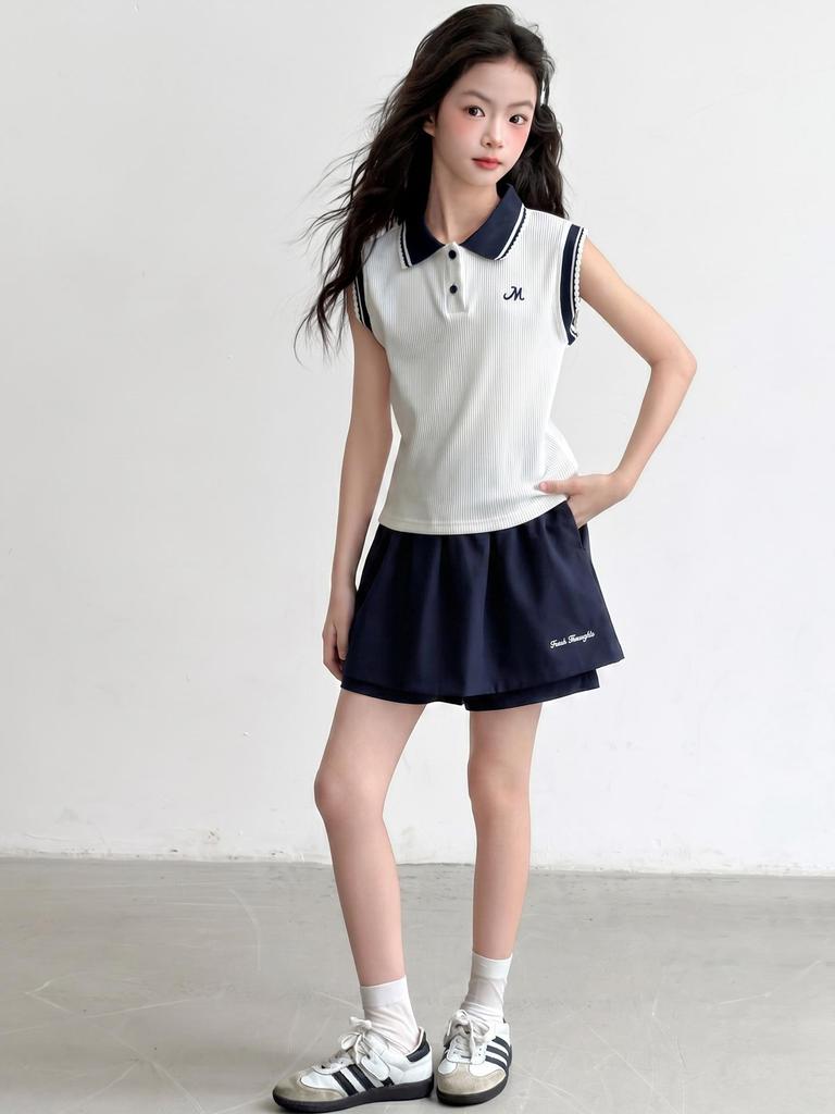 Girls' 2026 Sleeveless Polo Shirt & Sports Skirt Shorts Two-Piece Summer Set