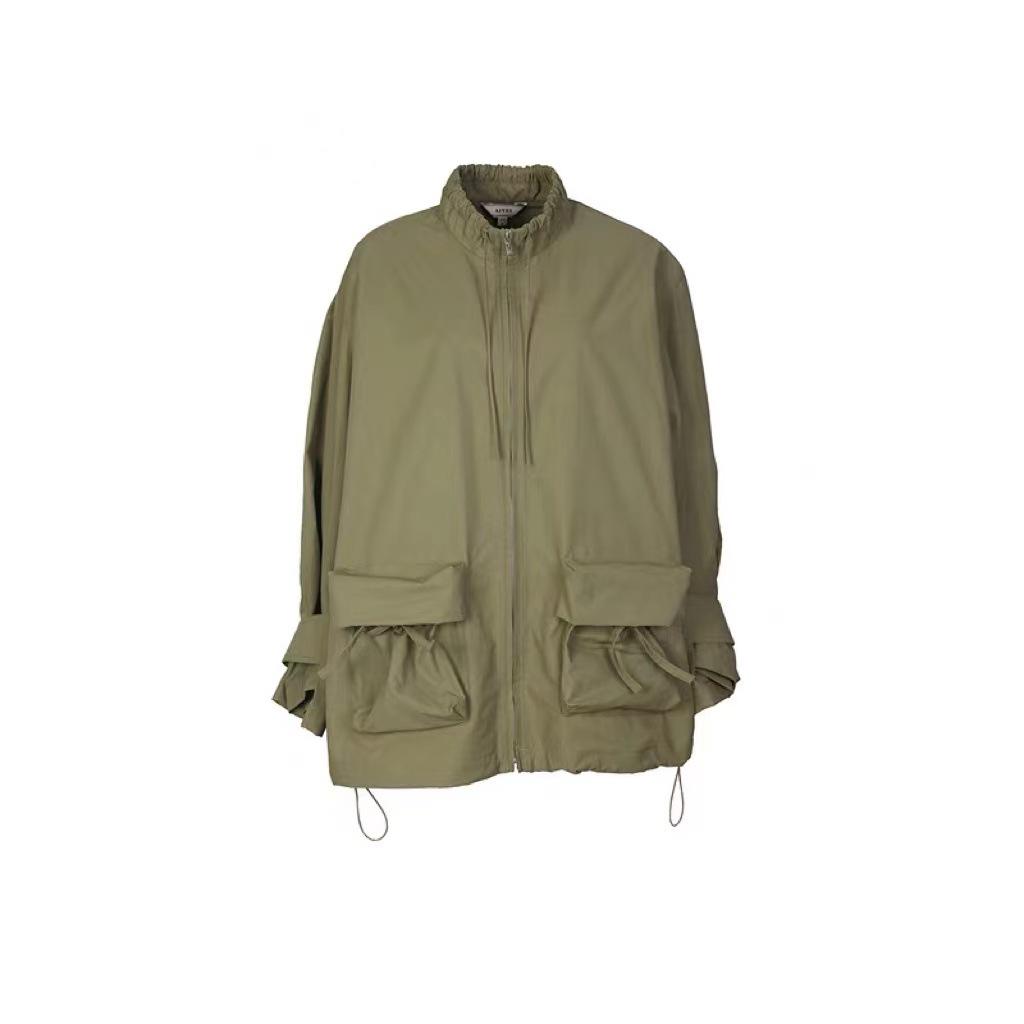 

2025 Осень Свободная Однотонная Рабочая Куртка - Тренч на Молнии со Стойкой для Женщин Medium армия зеленый