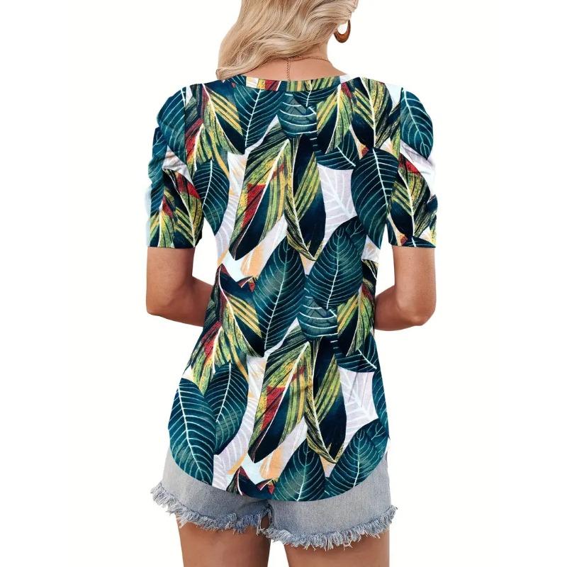 Tropical Print V Neck T-Shirt, Casual Short Sleeve T-Shirt For Spring & Summer, Women's Clothing
