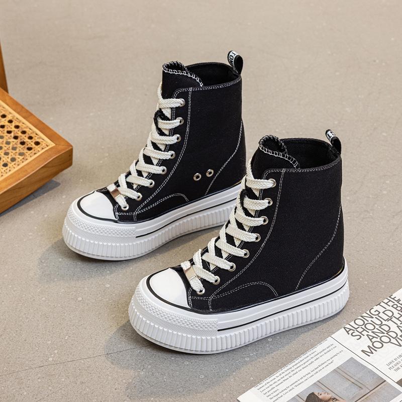 Platform Canvas Women's Shoes Spring 2025 New 13CM Invisible Inner Height Increase High-top Muffin Shoes Casual Versatile Tide