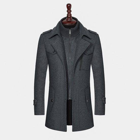 Men Woolen Coat Stand Collar Lapel Long Sleeve Solid Color Mid-length Business Coat Zipper Button Closure Work Windbreaker