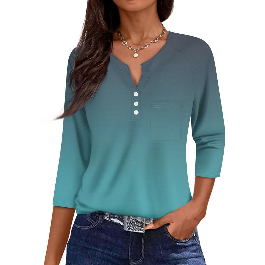 Damen Lässige Mode V-Ausschnitt Locker Vielseitig Farbverlauf Drei-Viertel-Ärmel