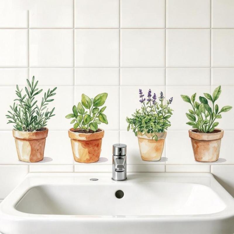 Removable Waterproof Herb Kitchen Wall Stickers Potted Basil Lavender Plant Decals for Housewarming Gift