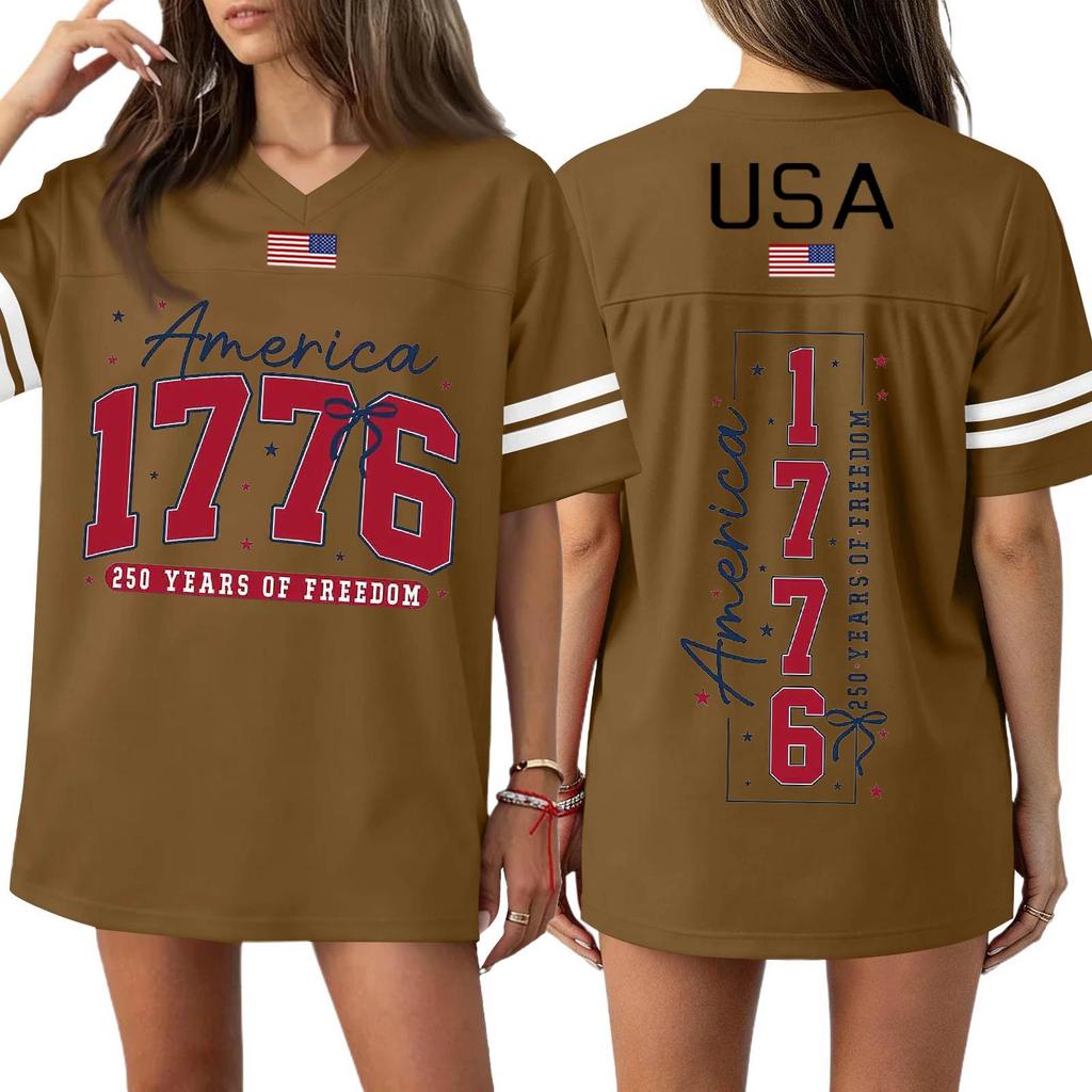 Women's Casual Fashion V-Neck Sports Independence Day Print Short Sleeve Sports T-Shirt Top