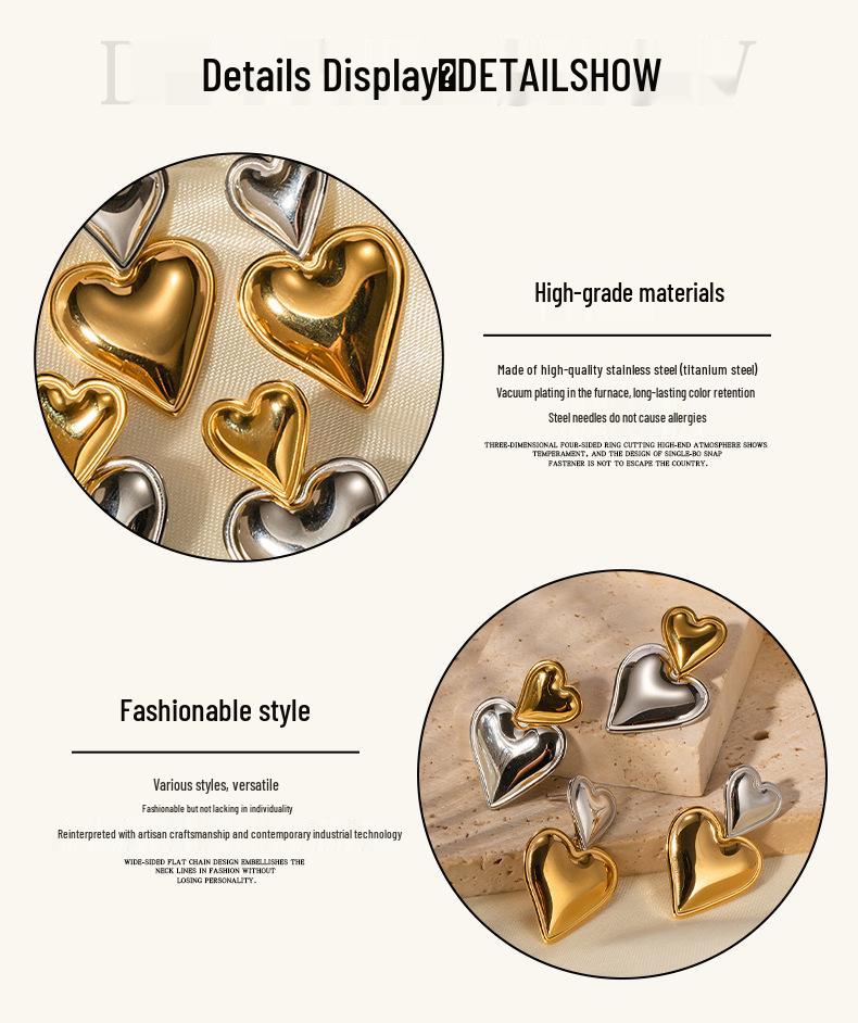 INS Style 18K Gold Stainless Steel Heart Earrings - Gold & Silver Two-Tone Women's Jewelry