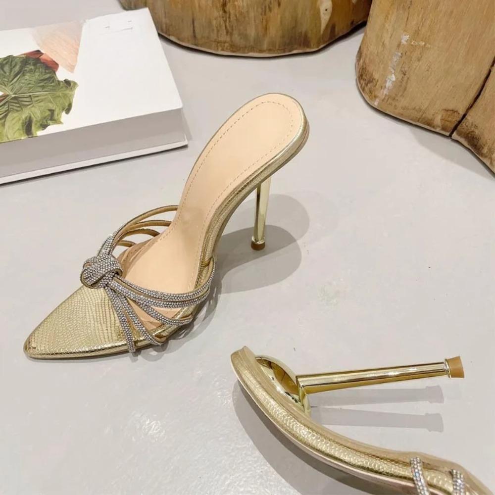 Eilyken New Summer Women's Slippers Crystal Rhinestone Pointed Toe High Heel Slide Shoes Fashion Party Prom Sandals