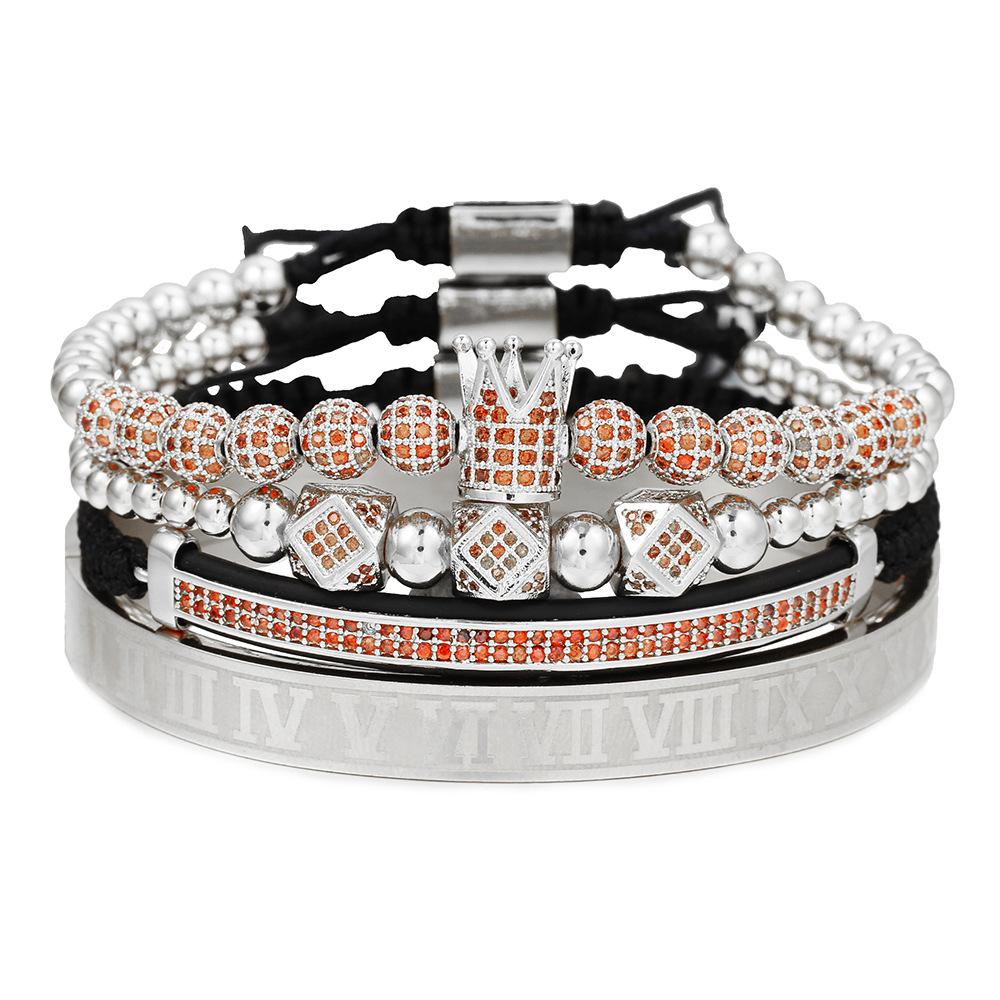 European and American Men's Micro-inlaid Zircon Diamond Ball Crown Stacked Diamond Bracelet Set Stainless Steel Roman Bracelet Four-piece Set