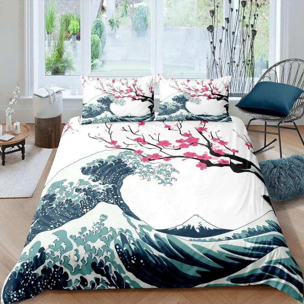 Japanese Wave King Queen Duvet Cover Blue Sea Bedding Set Maple Leaf Moon Quilt Cover Hokusai Ukiyo-E Polyester Comforter Cover