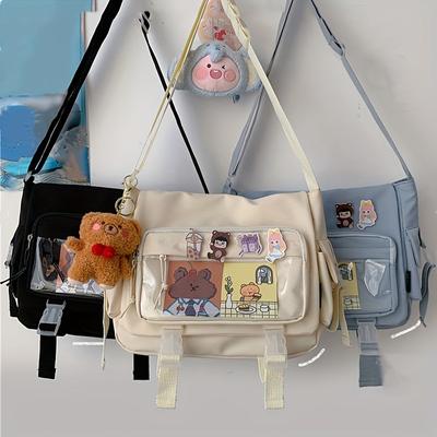 Kawaii Crossbody-väska i nylon, Axelväska med genomskinlig ficka fram, Messenger-väska med flik för studenter