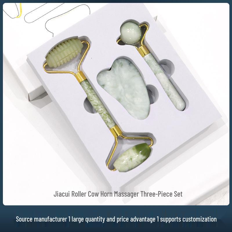 Jade Roller & Gua Sha Beauty Set - Double Roller Massager with Small Cow Horn & Large Ball Massage Tools.